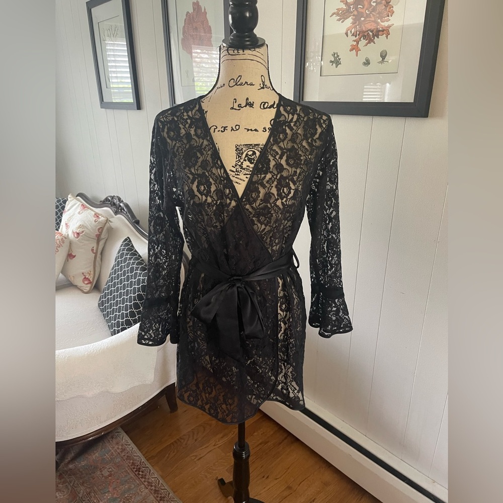 Victoria Secret Ultra Sexy Semi Sheer Navy Blue Lace Lingerie Robe S/M